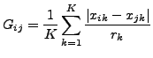 $\displaystyle G_{ij} = \frac{1}{K}\sum_{k=1}^K \frac{\left\vert x_{ik} - x_{jk}\right\vert}{r_k}$